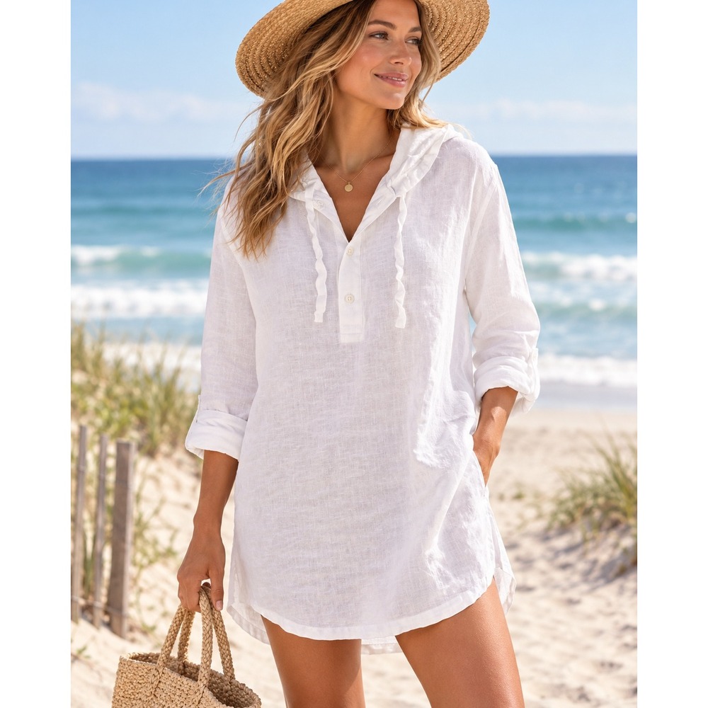 Saks Fifth Avenue White 100% Linen Hoodie Henley Pullover Shirt Womens M Beach